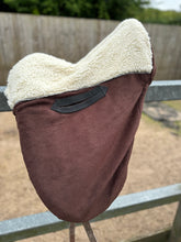 Load image into Gallery viewer, Dressage brown fleece ride on saddle cover with faux fur seat