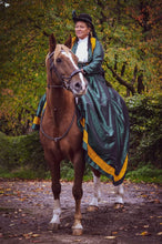 Load image into Gallery viewer, Reduced- Green taffeta skirt trimmed with gold lace