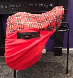 Red with tartan seat saver saddle cover