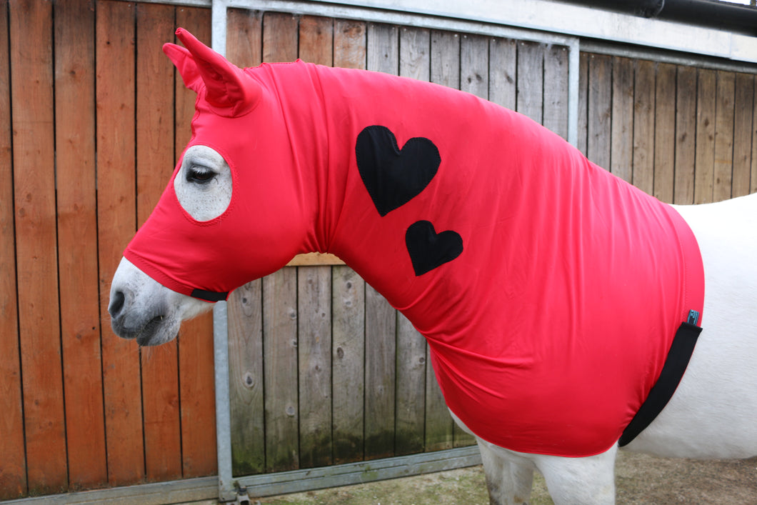 Red lycra horse hood with black hearts.