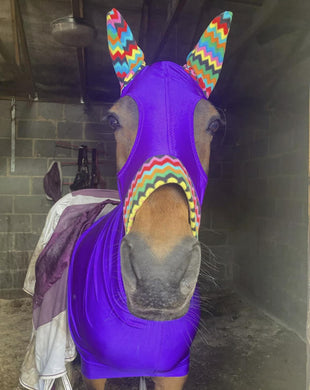 Purple lycra hood with fleece ears and nose band