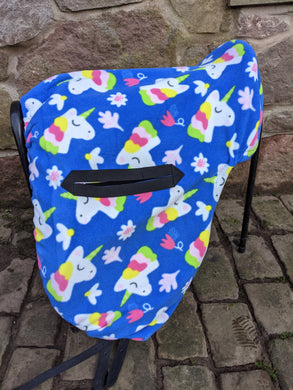 Royal blue fleece unicorn ride on saddle cover