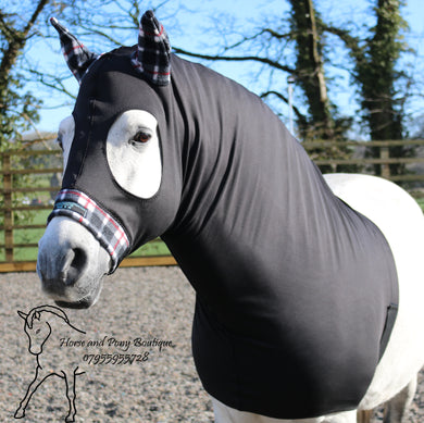 Black lycra hood with grey tartan fleece ears and nose band