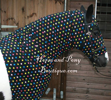Black multicoloured spots  fleece horse hood