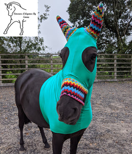 Emerald green lycra hood with fleece ears and nose band